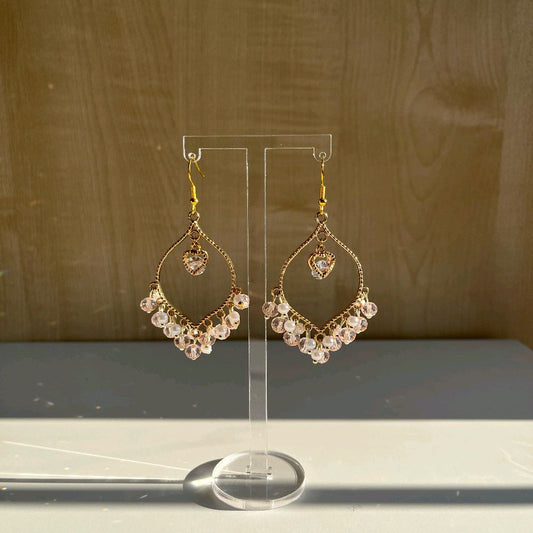 Hand made Pink Crystal White Pearl Heart Earrings - Jhumkas for Women - Gold plated