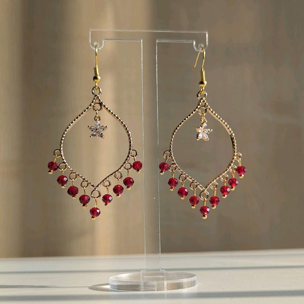 Red Crystal Flower Earrings in Gold