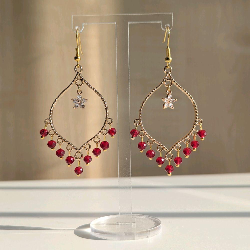 Red Crystal Flower Earrings in Gold