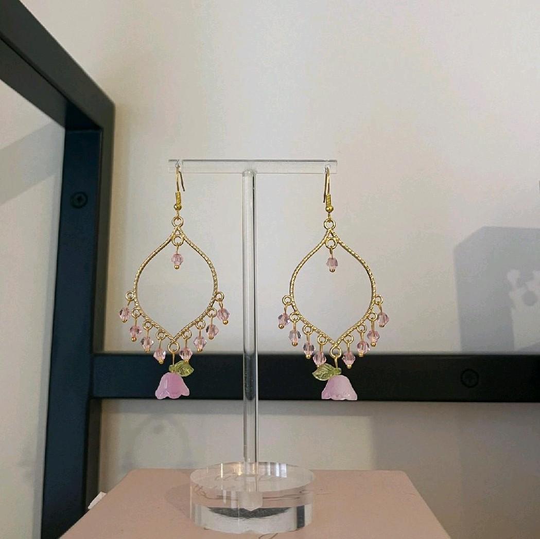 Hand made Pink Crystal Purple Flower Gold Earrings - Gold plated