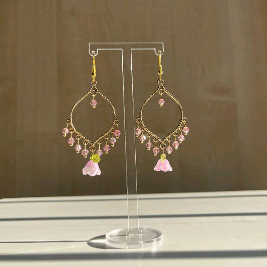Hand made Pink Crystal Purple Flower Gold Earrings - Gold plated