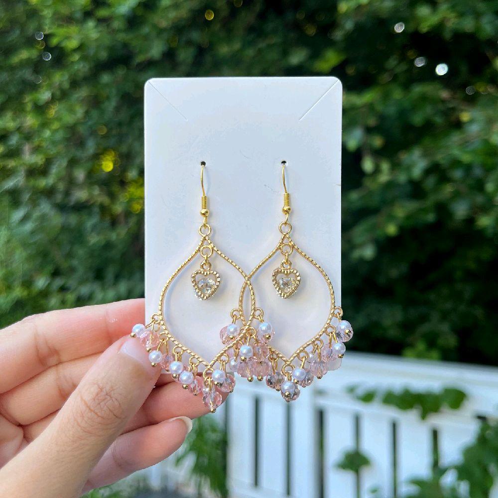 Hand made Pink Crystal White Pearl Heart Earrings - Jhumkas for Women - Gold plated