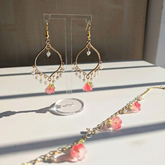 White Pearl Red Flower Gold Earrings and Bracelet Set