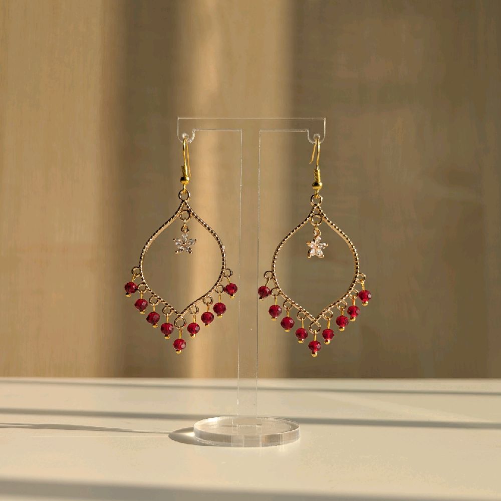 Red Crystal Flower Earrings in Gold