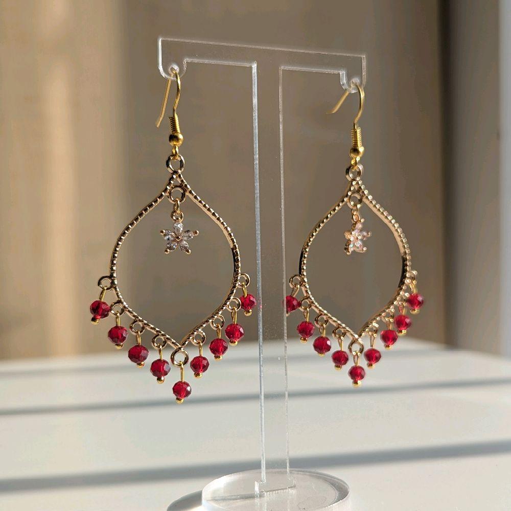 Red Crystal Flower Earrings in Gold