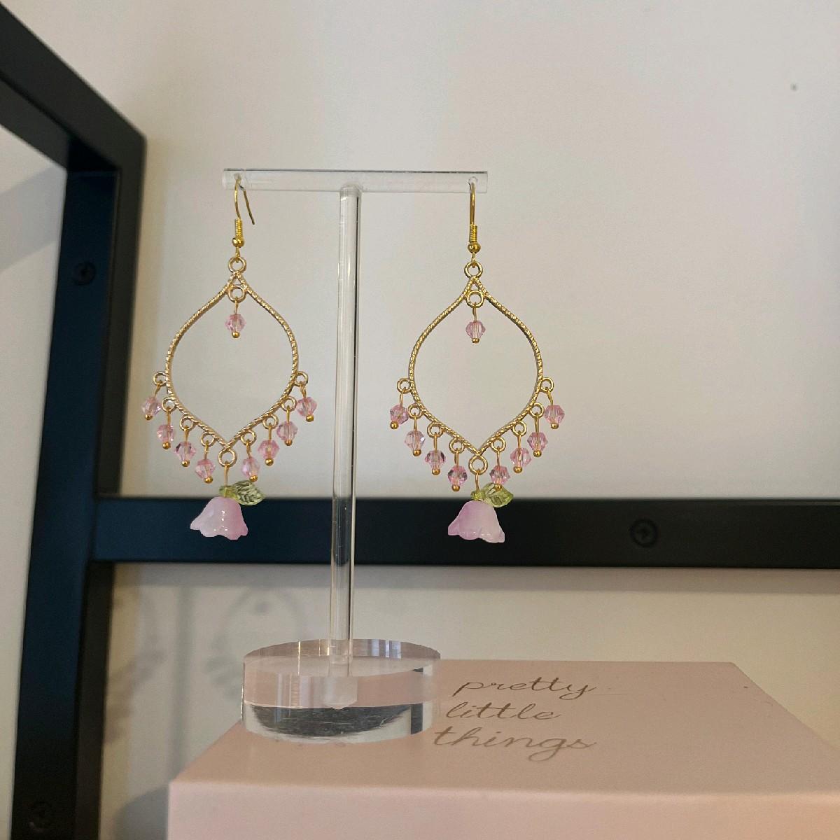 Hand made Pink Crystal Purple Flower Gold Earrings - Gold plated