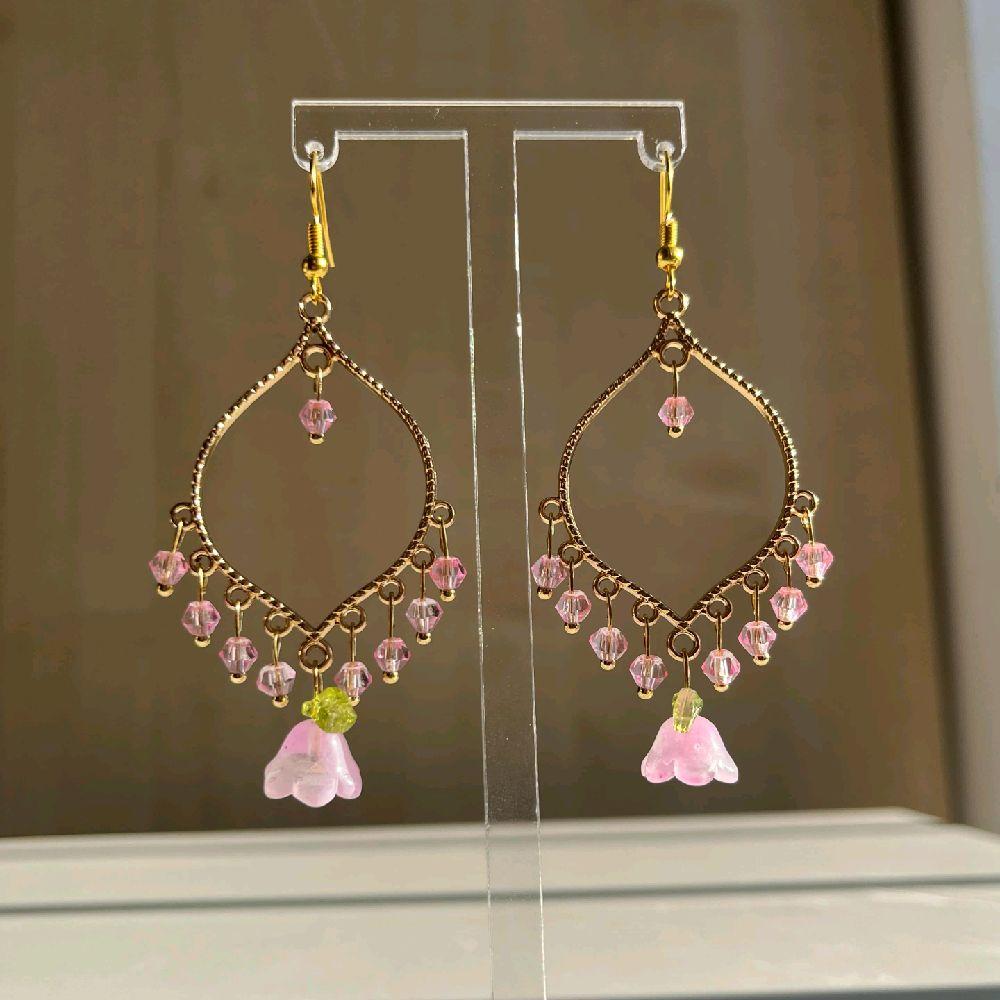 Hand made Pink Crystal Purple Flower Gold Earrings - Gold plated
