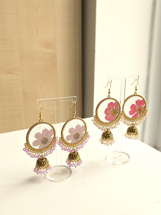 Pink Flower Frozen in Time jhumka Earrings