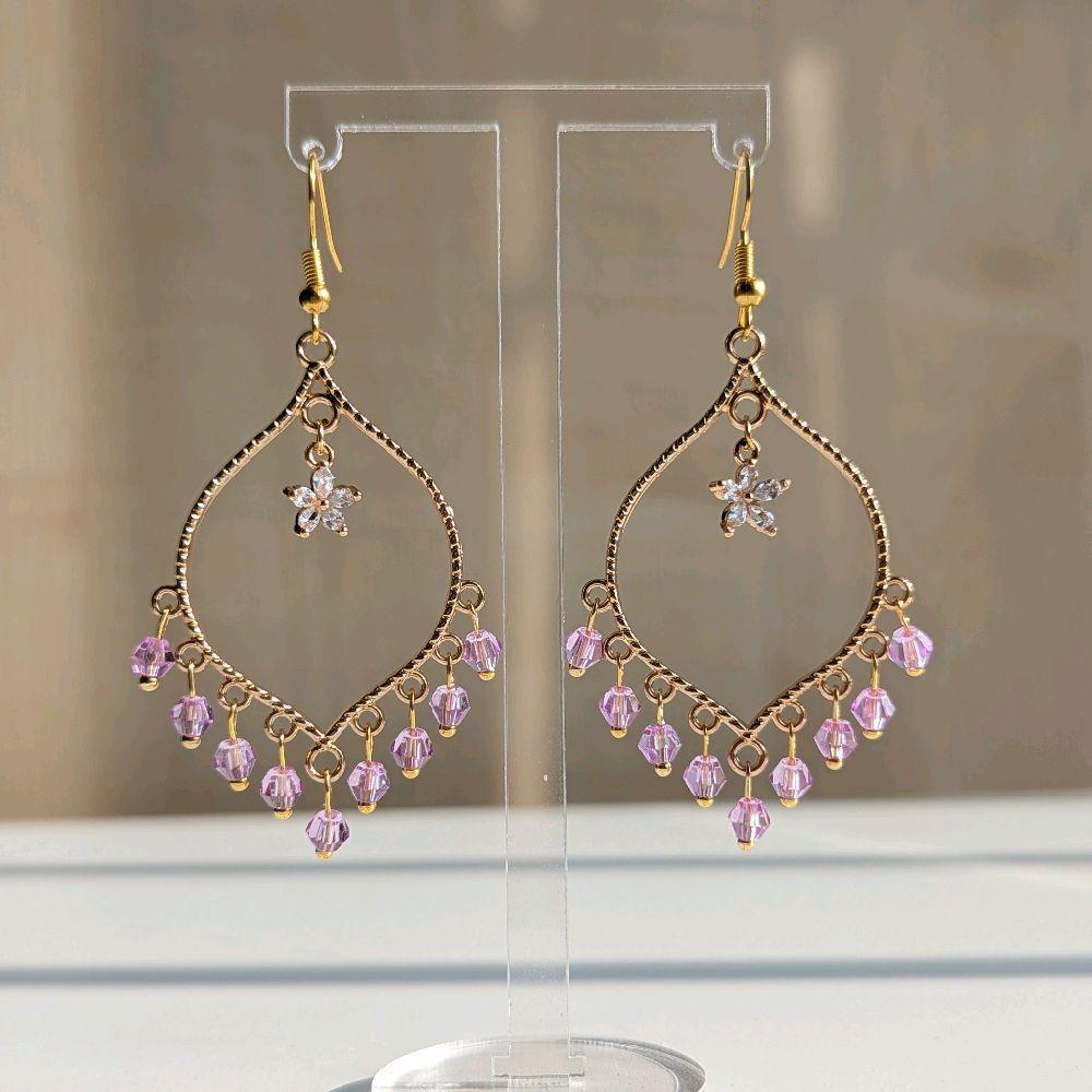 Purple Crystal Flower Earrings in Gold