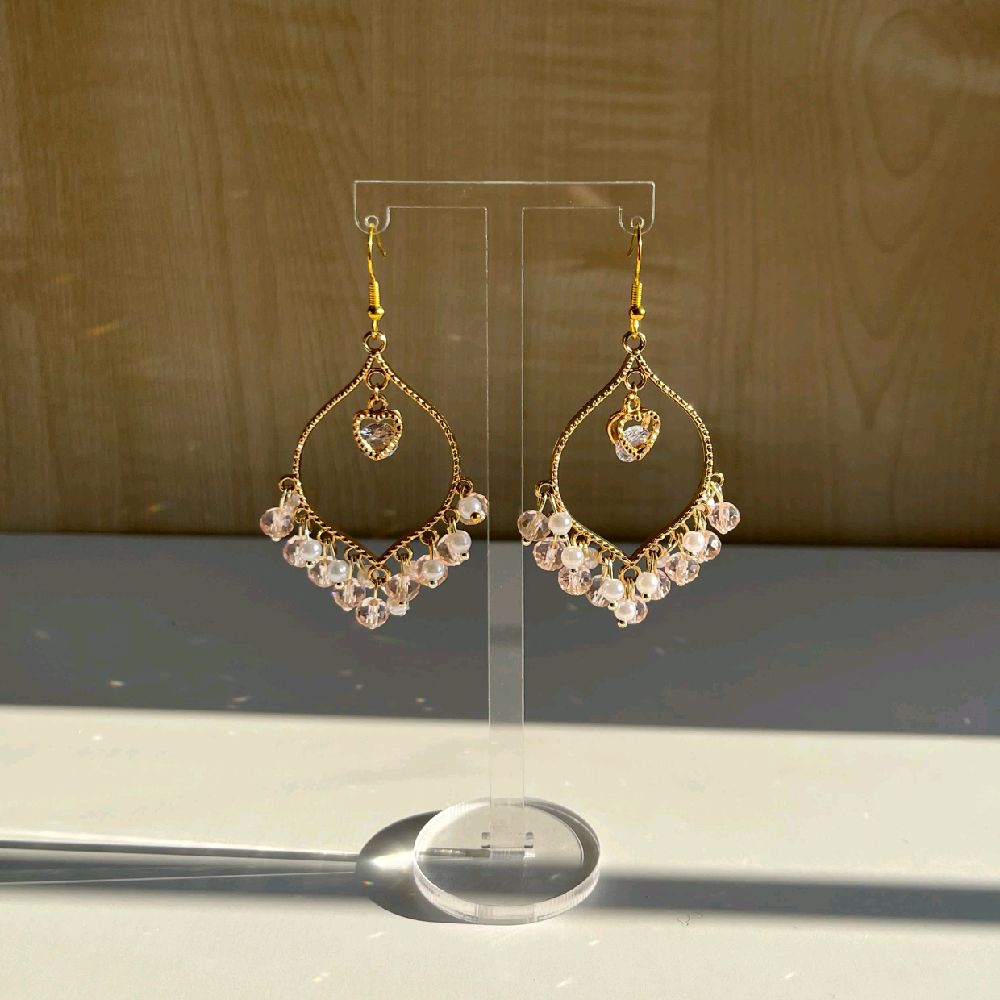 Hand made Pink Crystal White Pearl Heart Earrings - Jhumkas for Women - Gold plated