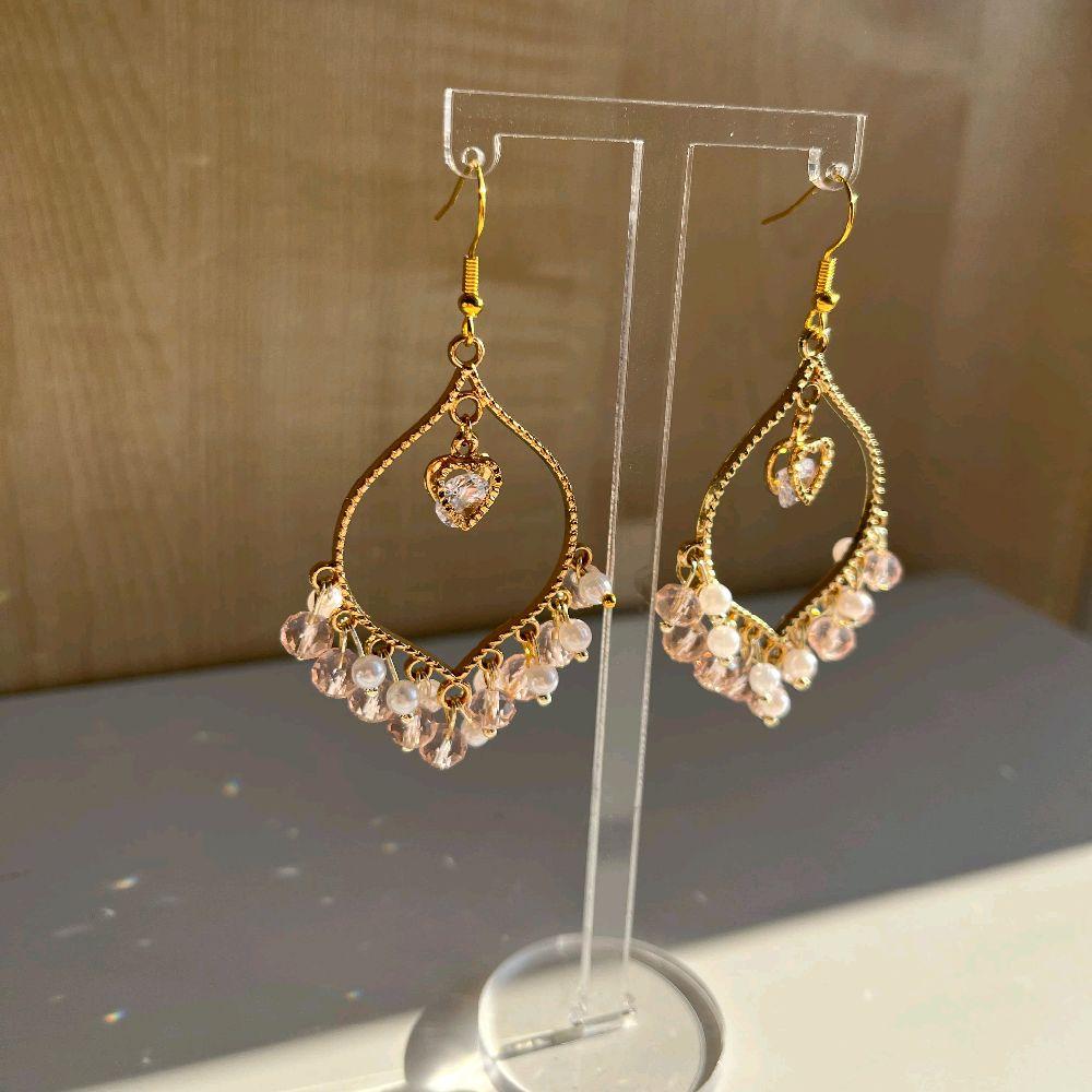 Hand made Pink Crystal White Pearl Heart Earrings - Jhumkas for Women - Gold plated