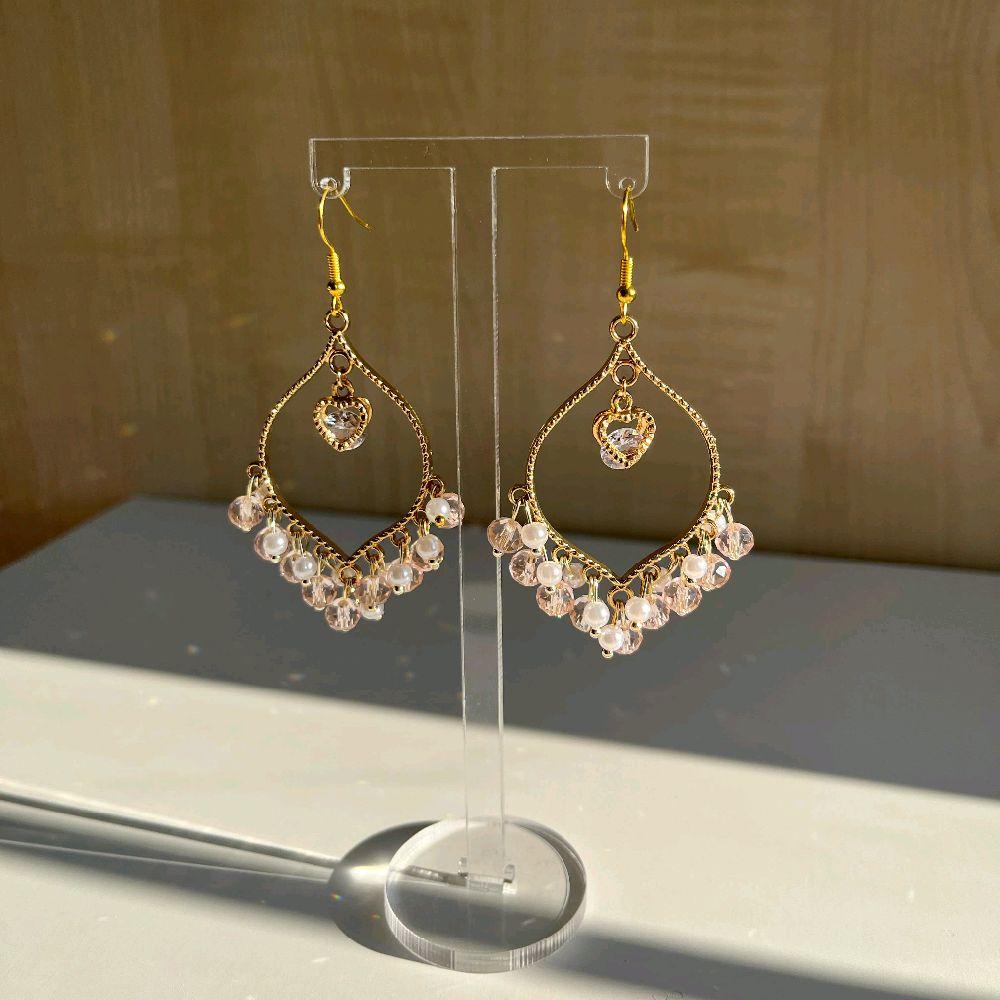 Hand made Pink Crystal White Pearl Heart Earrings - Jhumkas for Women - Gold plated