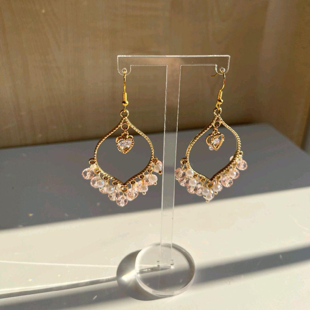 Hand made Pink Crystal White Pearl Heart Earrings - Jhumkas for Women - Gold plated