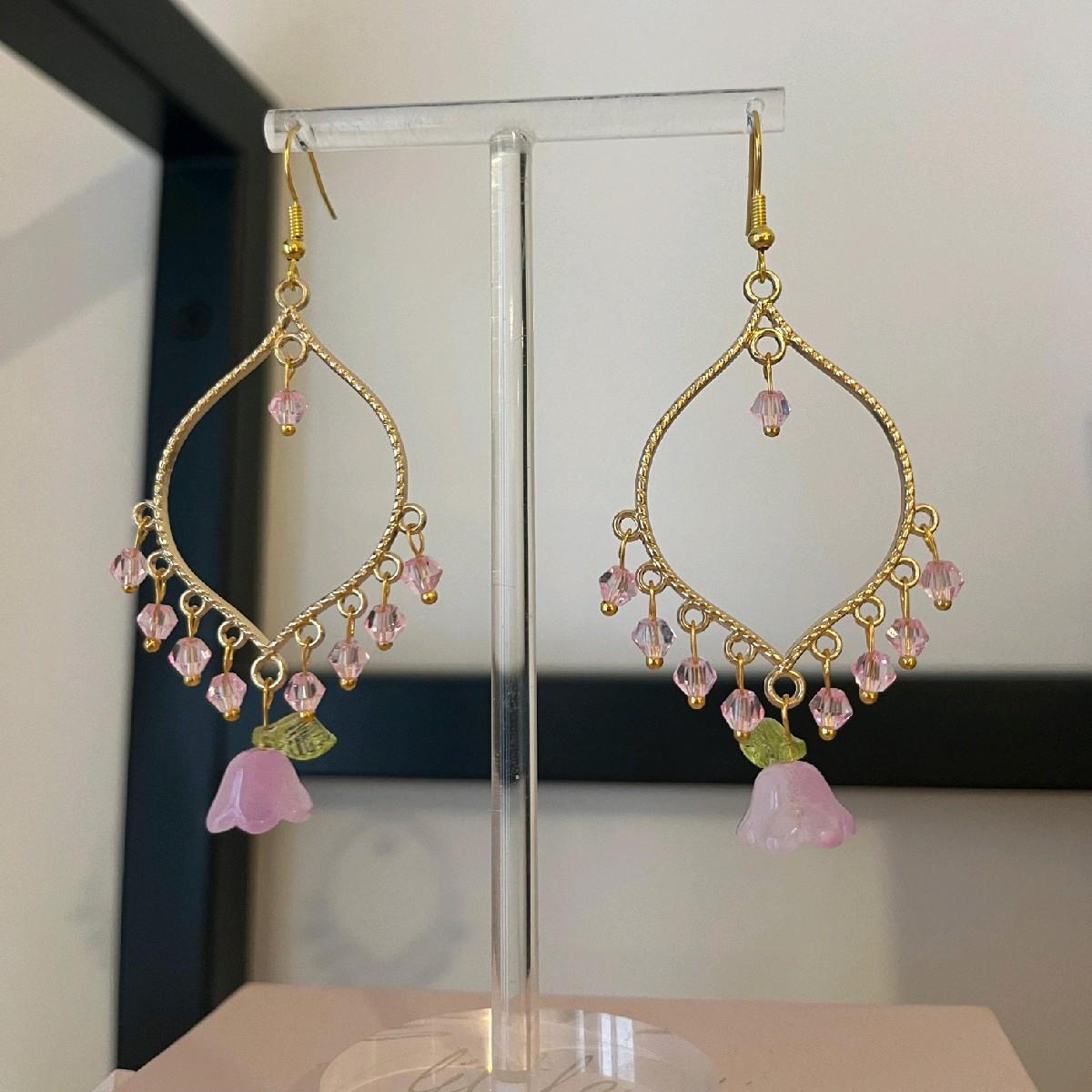 Hand made Pink Crystal Purple Flower Gold Earrings - Gold plated