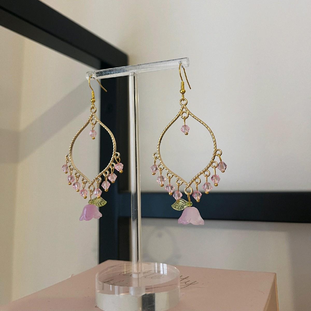 Hand made Pink Crystal Purple Flower Gold Earrings - Gold plated