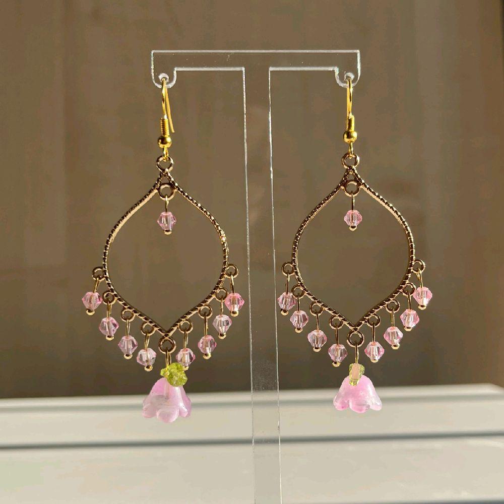 Hand made Pink Crystal Purple Flower Gold Earrings - Gold plated
