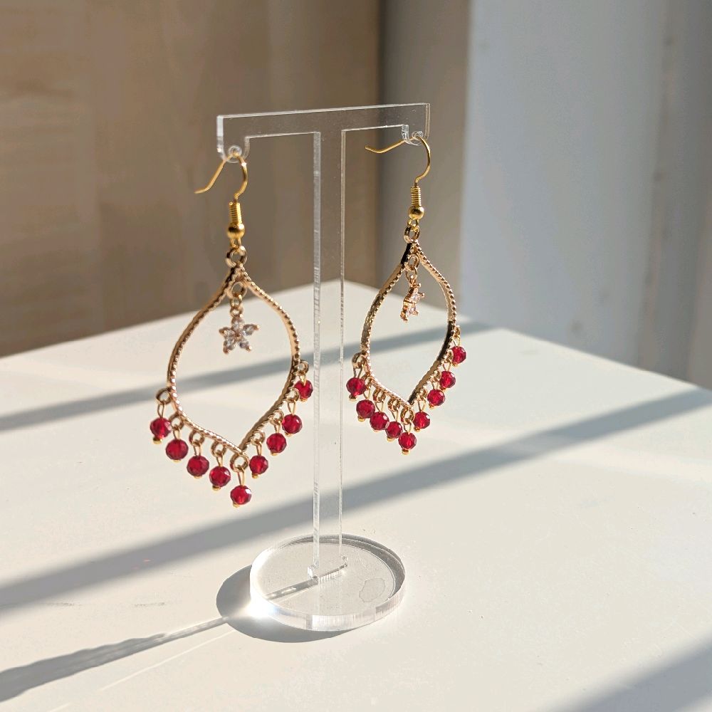 Red Crystal Flower Earrings in Gold
