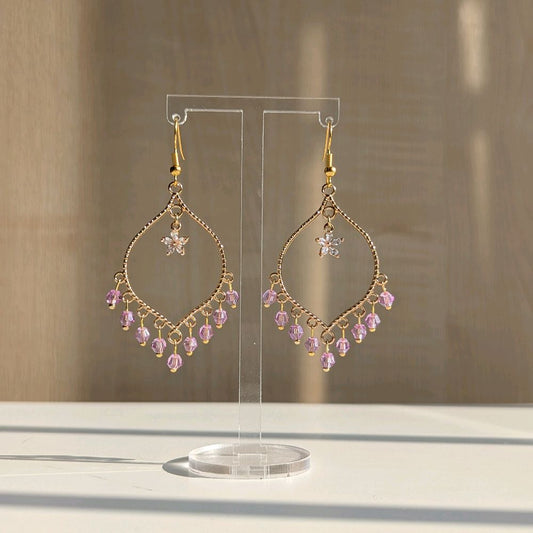 Purple Crystal Flower Earrings in Gold