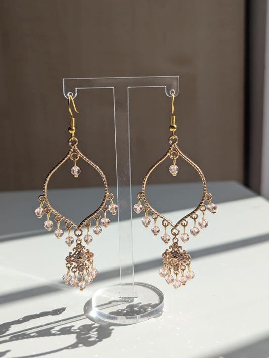 Hand made Pink Crystal Dainty drop Jhumka earrings - gold plated