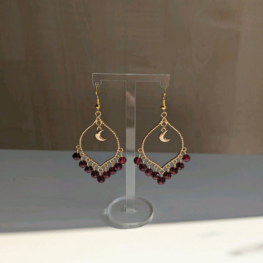 Maroon Crystal Moonlight Gold Earrings - High Quality Hand Made for Women, Perfect for Formal or Casual Occasions