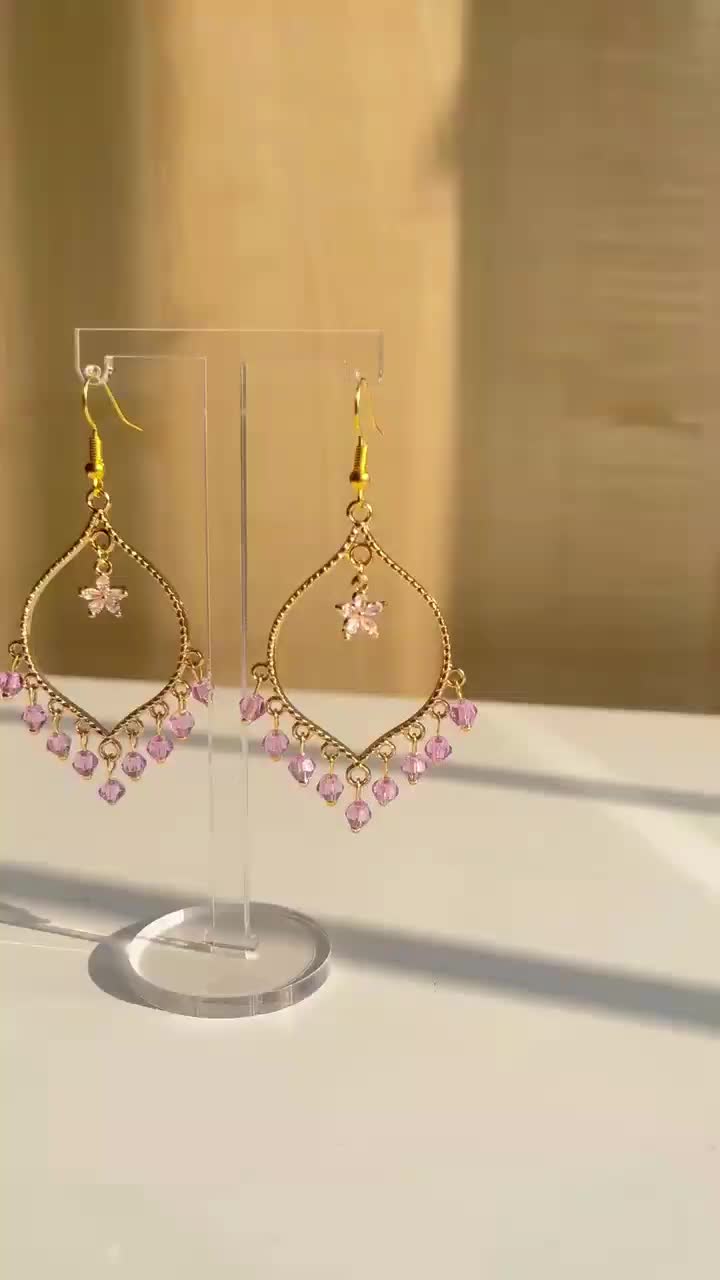 Purple Crystal Flower Earrings in Gold