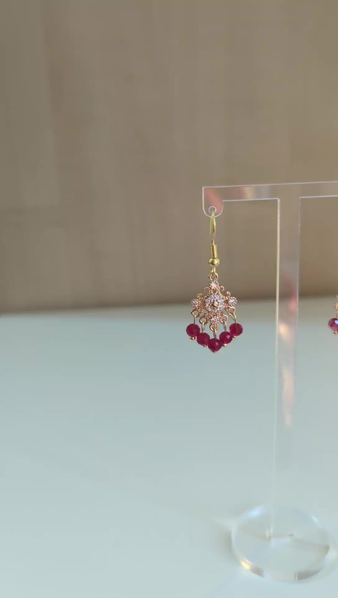 Handmade dainty Maroon Jhumka Earrings for Women - Gold Plated - Stainless Steel