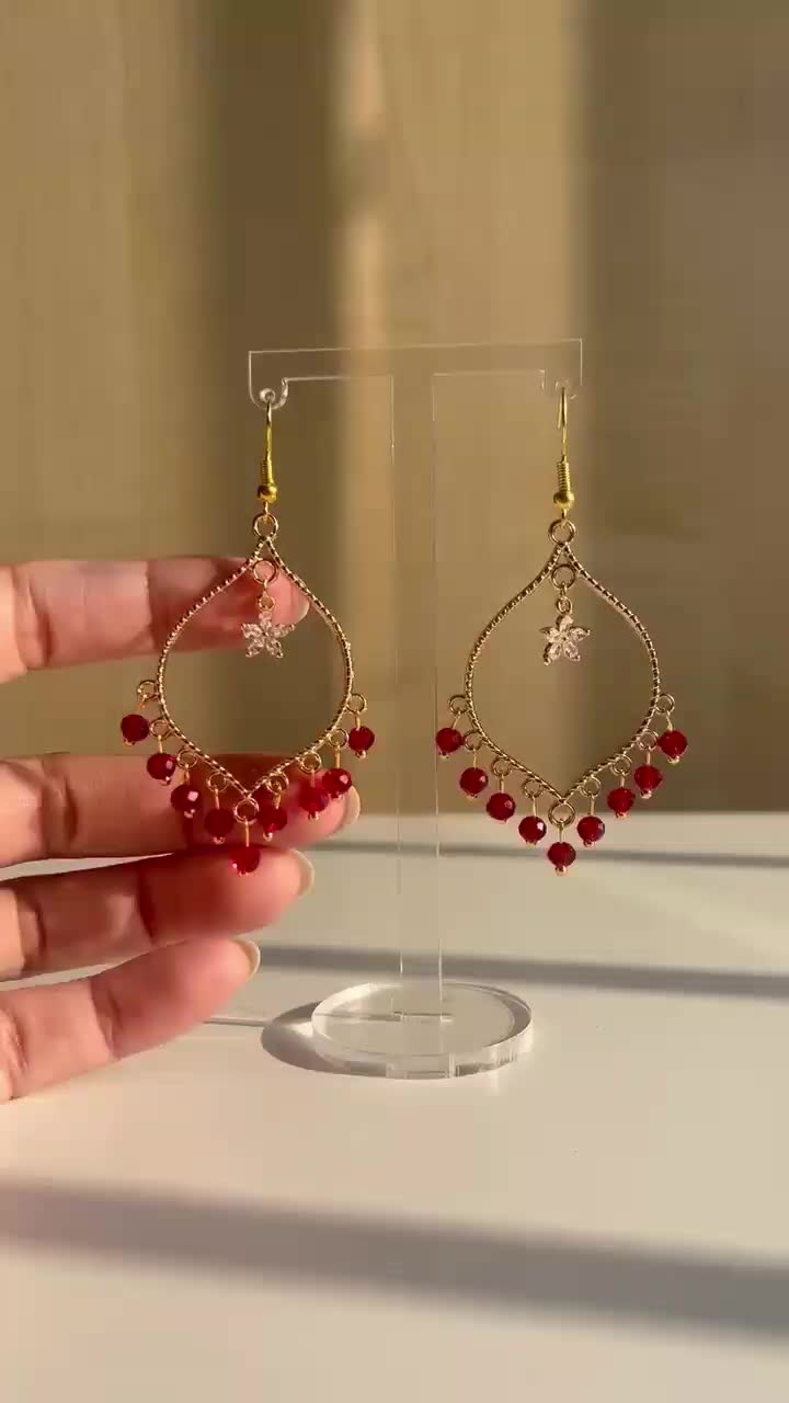 Red Crystal Flower Earrings in Gold
