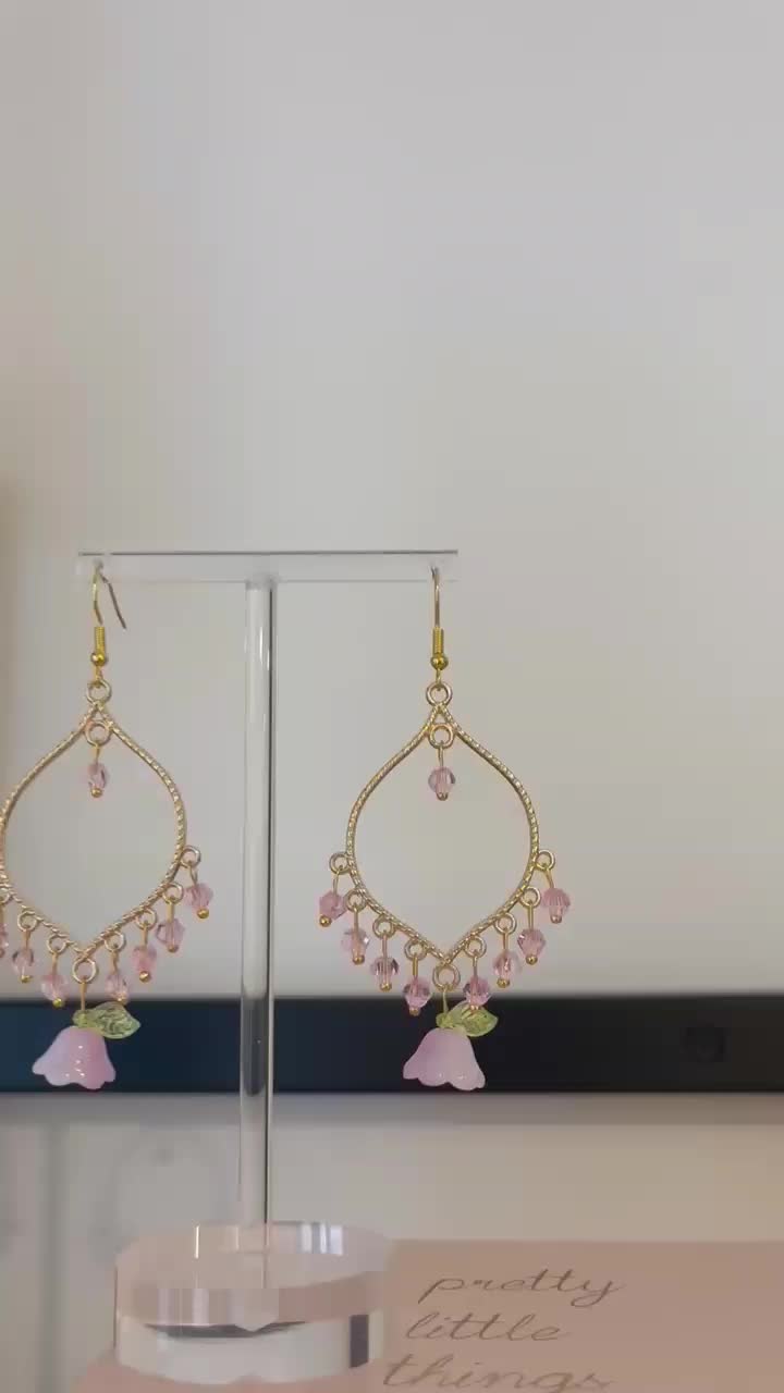 Hand made Pink Crystal Purple Flower Gold Earrings - Gold plated