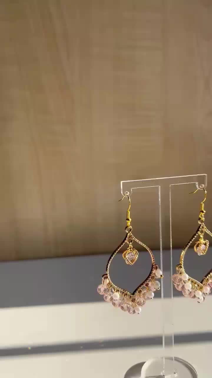 Hand made Pink Crystal White Pearl Heart Earrings - Jhumkas for Women - Gold plated