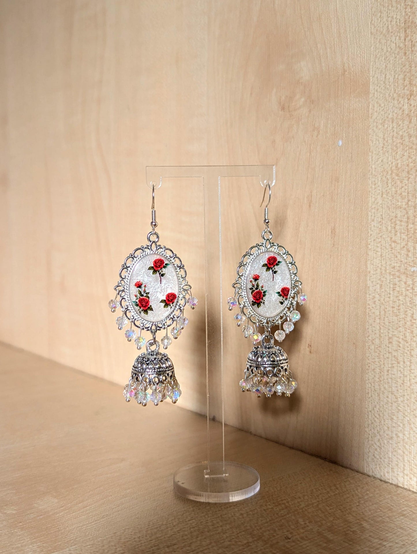 Red Roses on White Jhumka Earrings