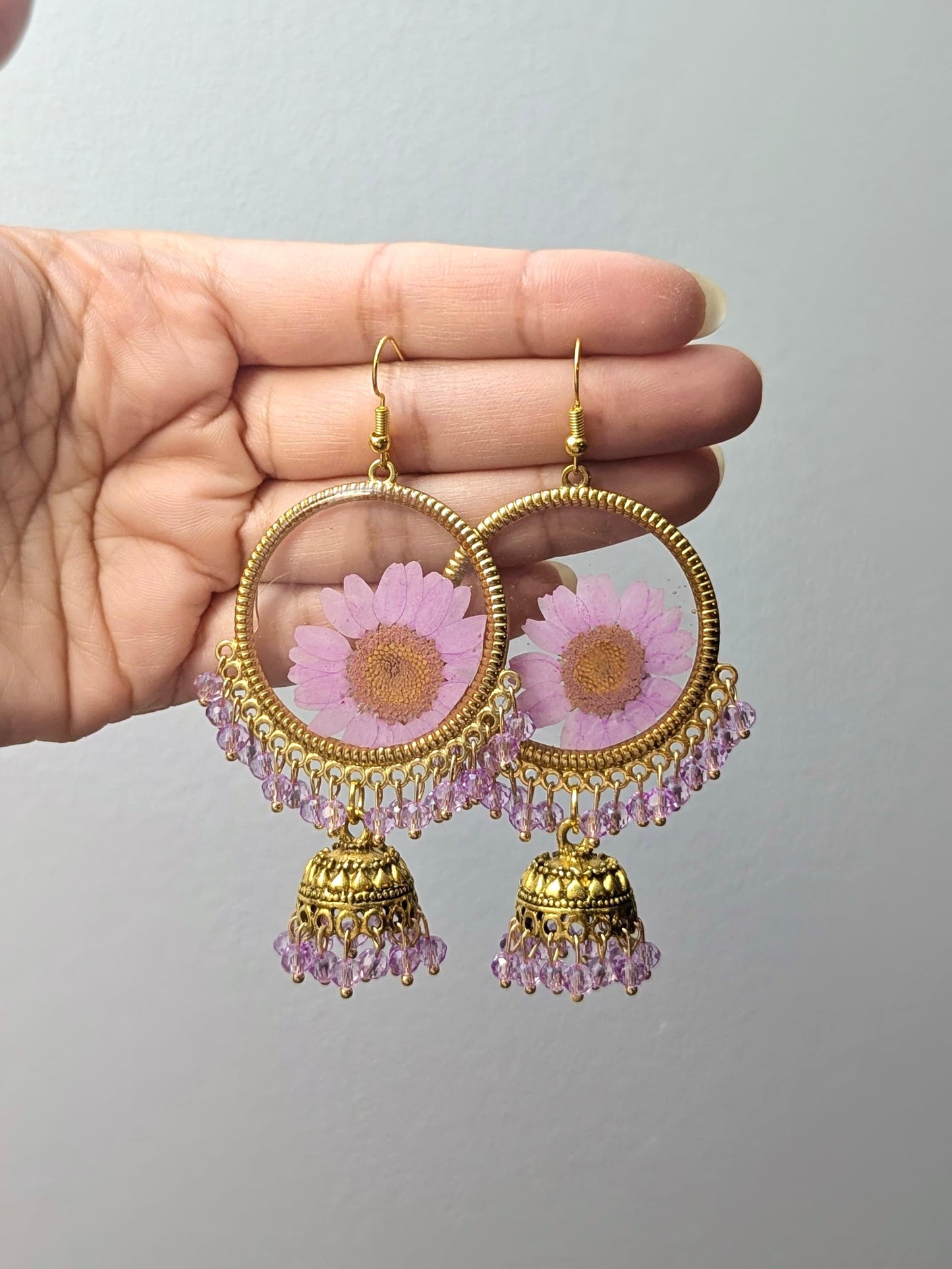 Purple Real Flowers Jhumkay in Gold