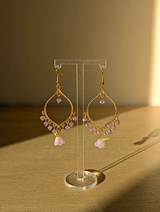 Purple Crystal Pink Flower Drop Earrings in Jhumka Style