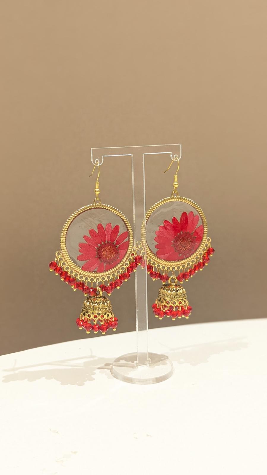 All Red Floral Preserved Jhumkas