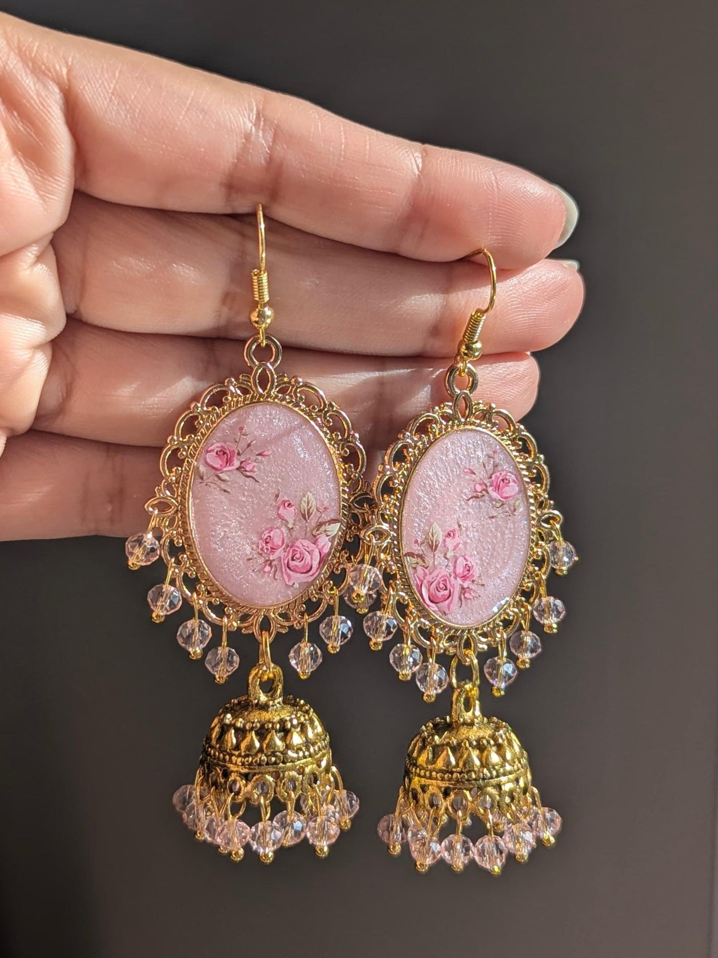 Shimmery Pink Jhumkay in Gold