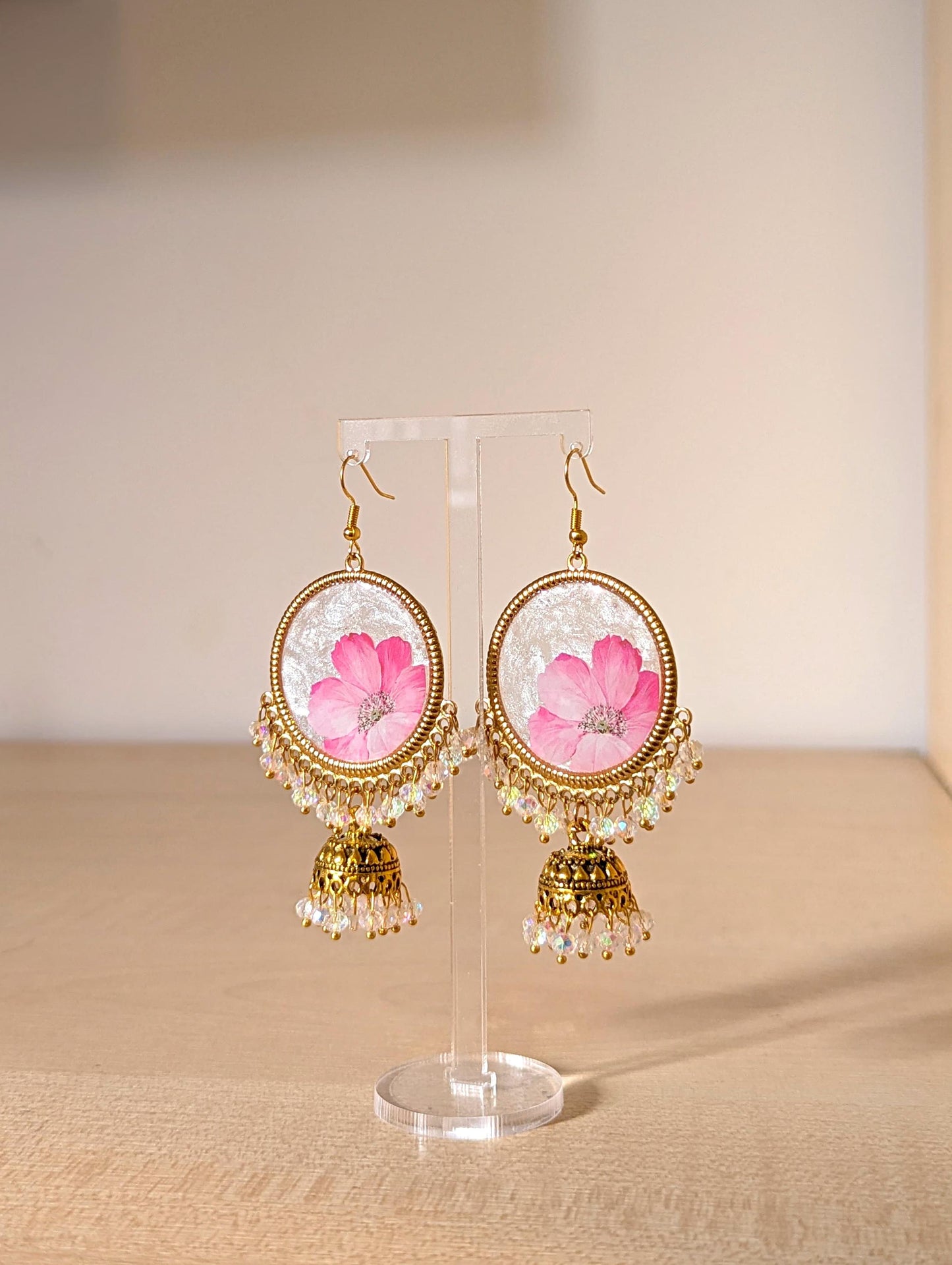 Pink Floral White Crystal Jhumka Earrings