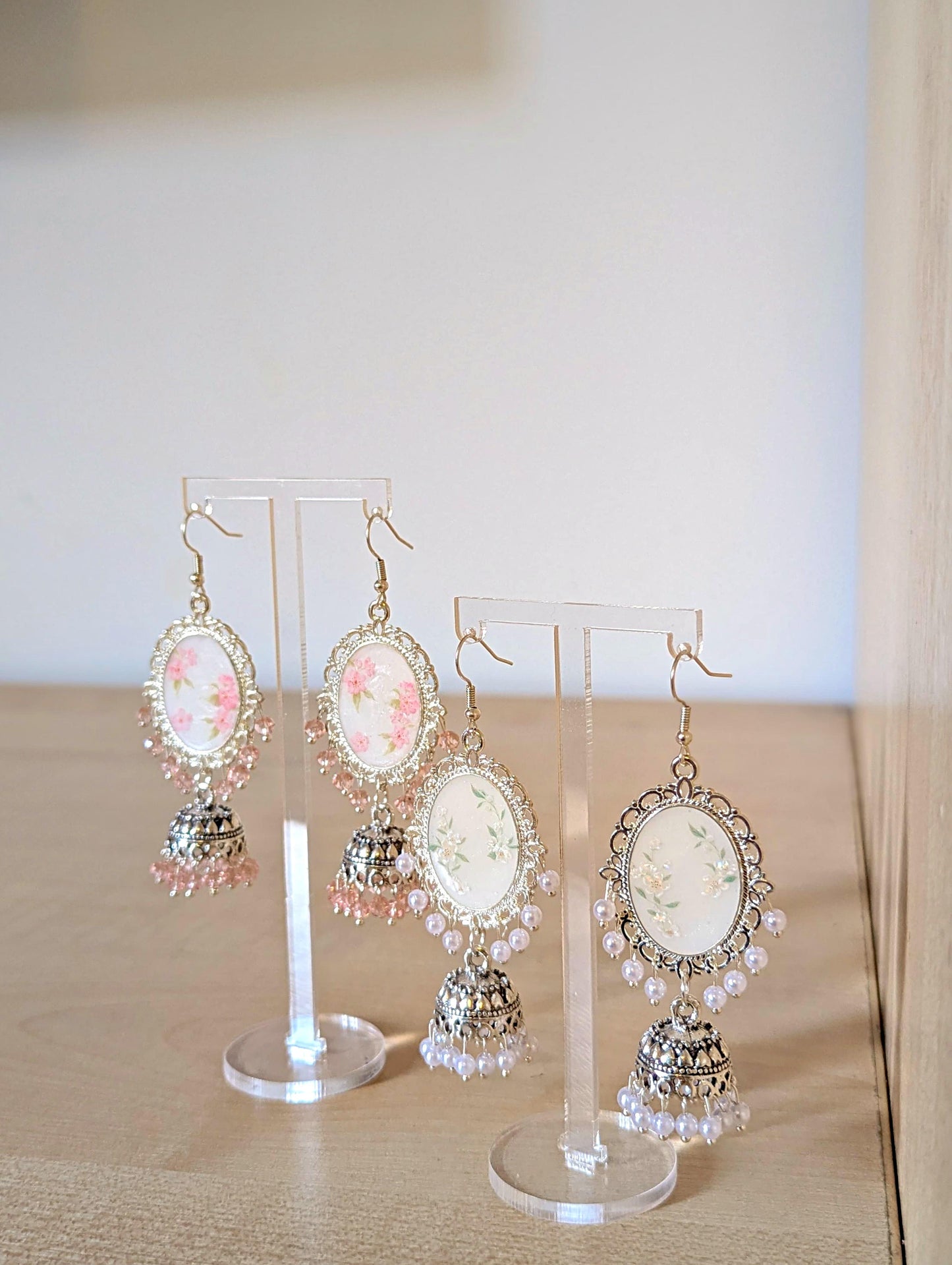 White Floral Jhumka Earrings