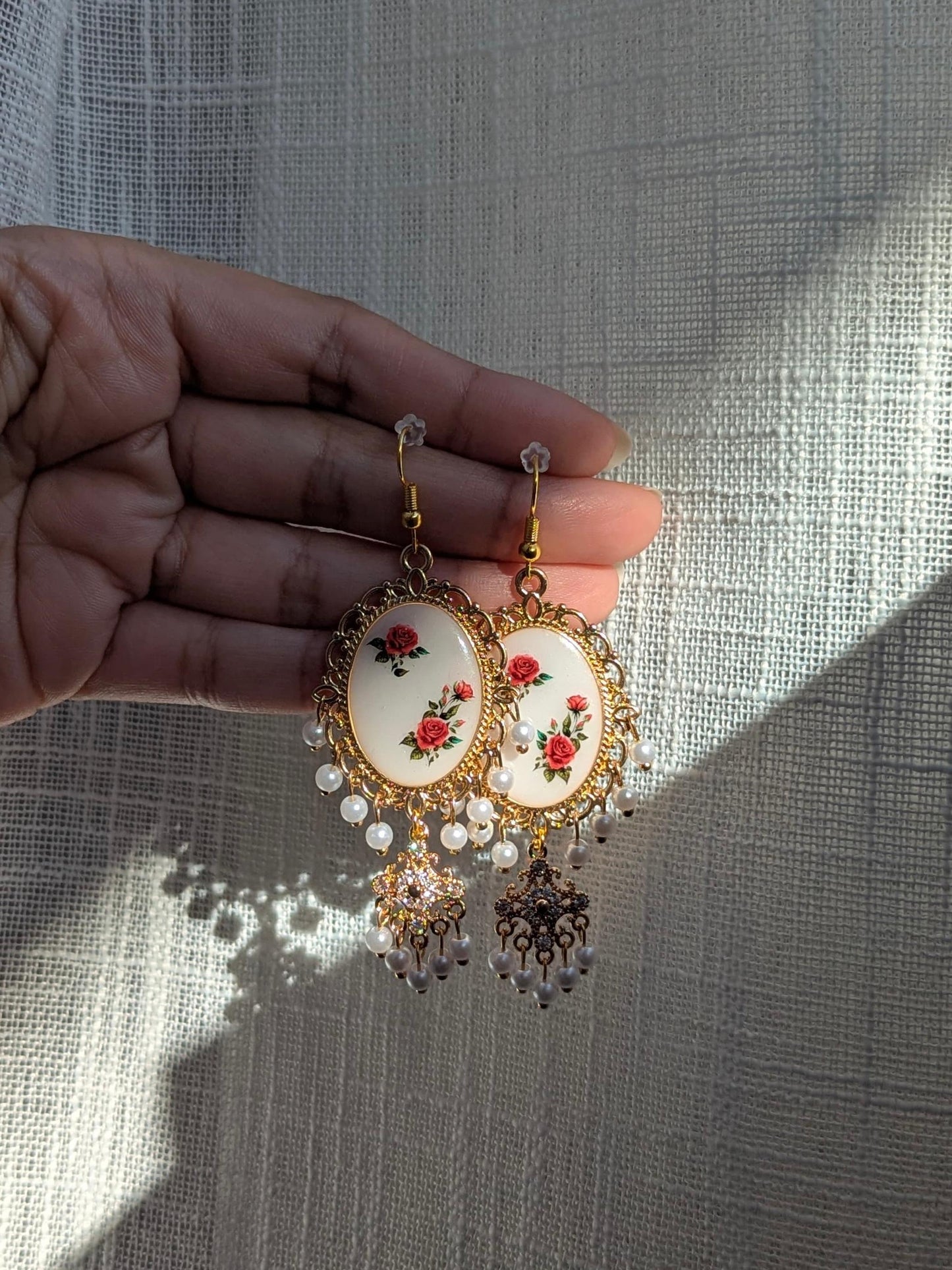 Red roses white dainty drop earrings