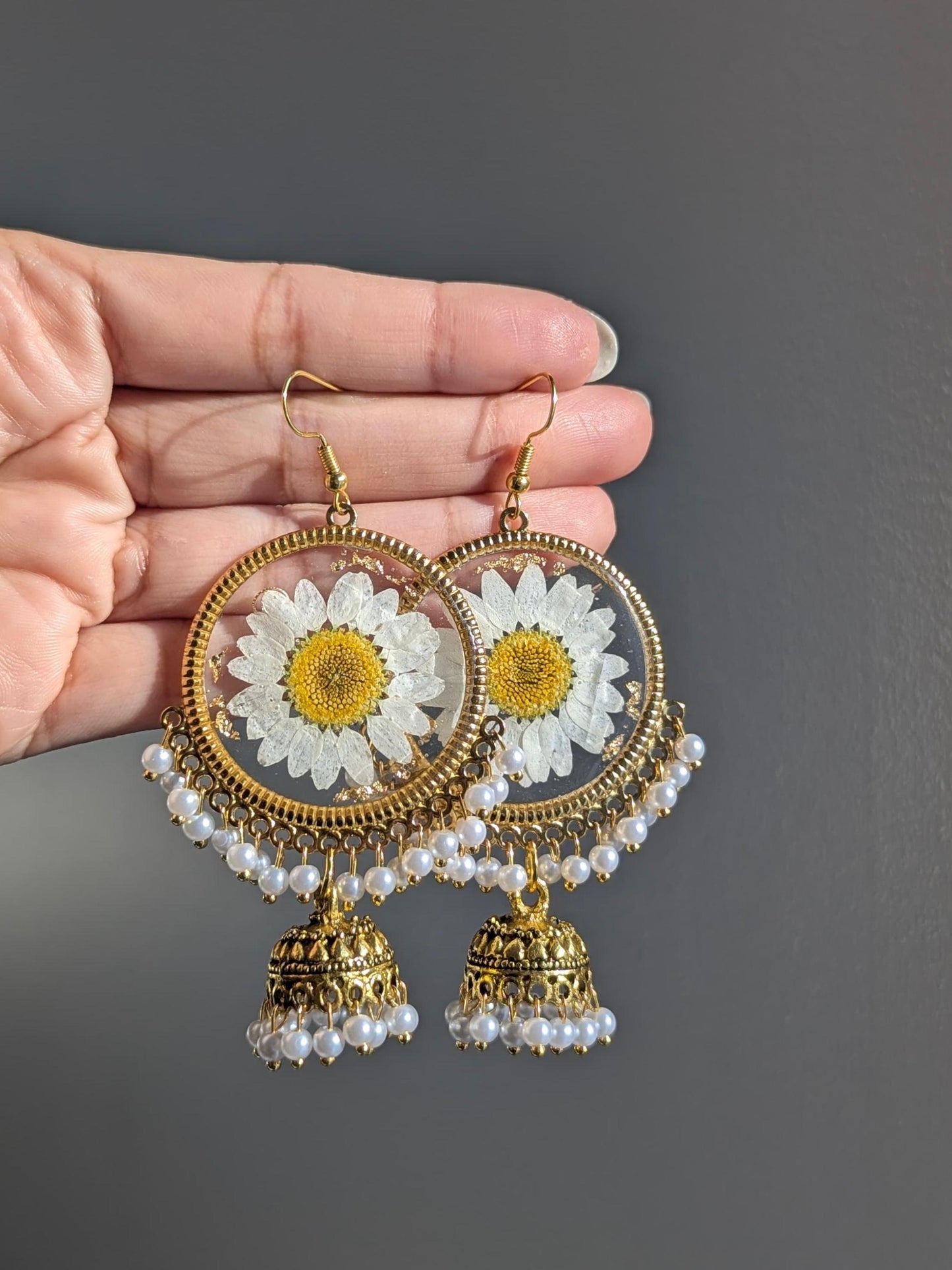 All White Flower Preserved Gold Jhumkas