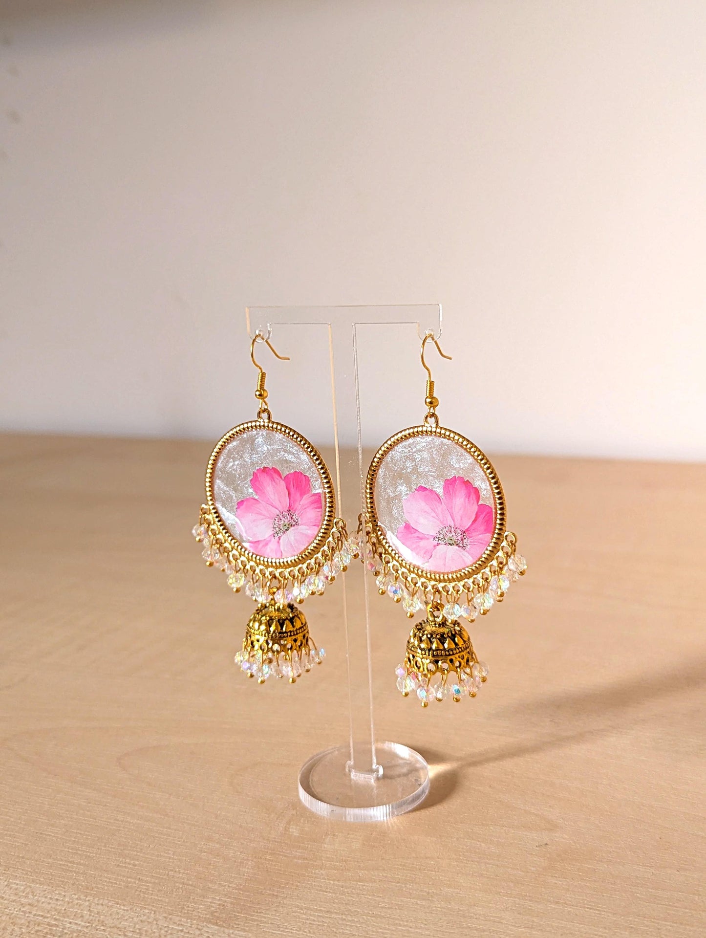 Pink Floral White Crystal Jhumka Earrings