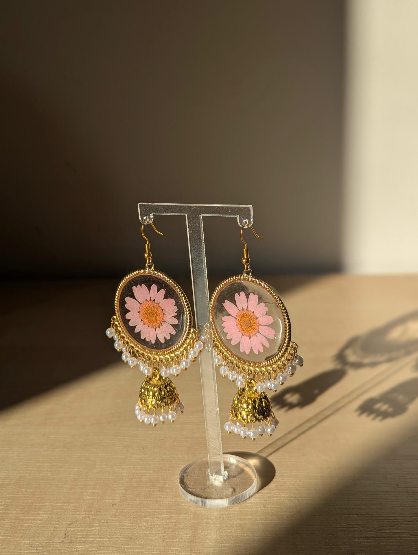 Pink Daisy Resin Jhumka Earrings