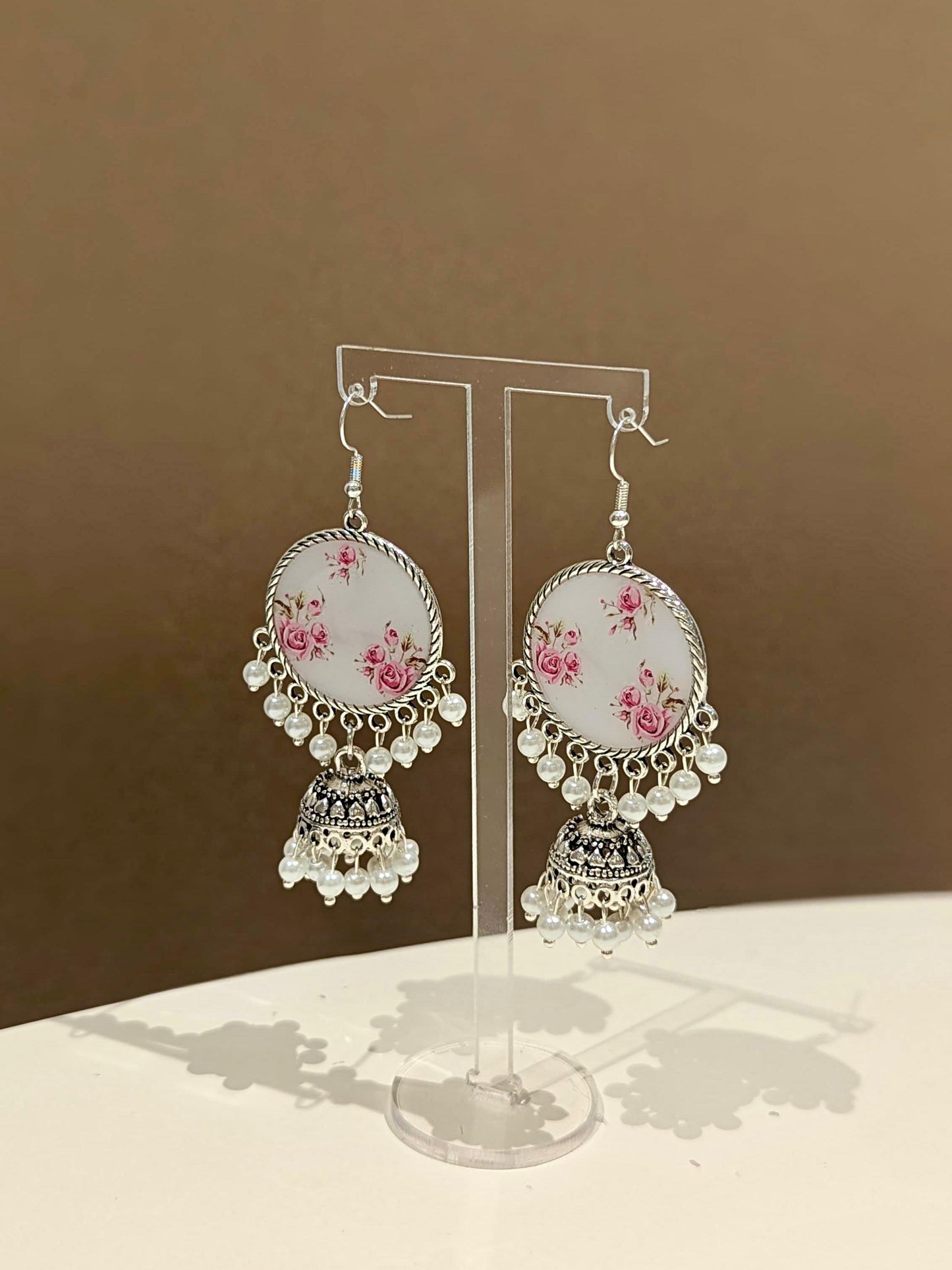 White Pearly Silver Jhumka Earrings