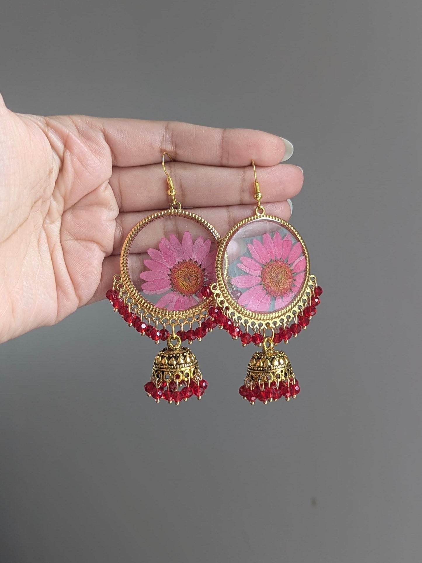 Pink and Red real Flowers Jhumkay in Gold