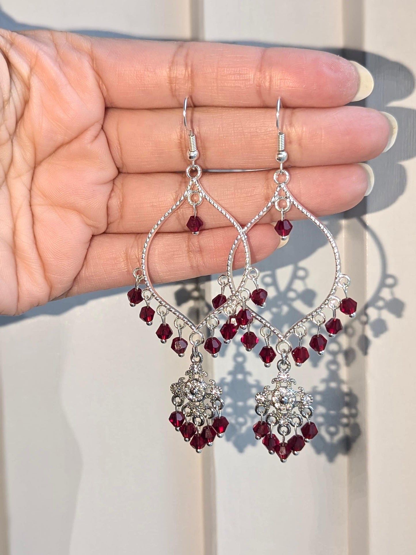 Maroon Dainty Drop Earrings in Silver