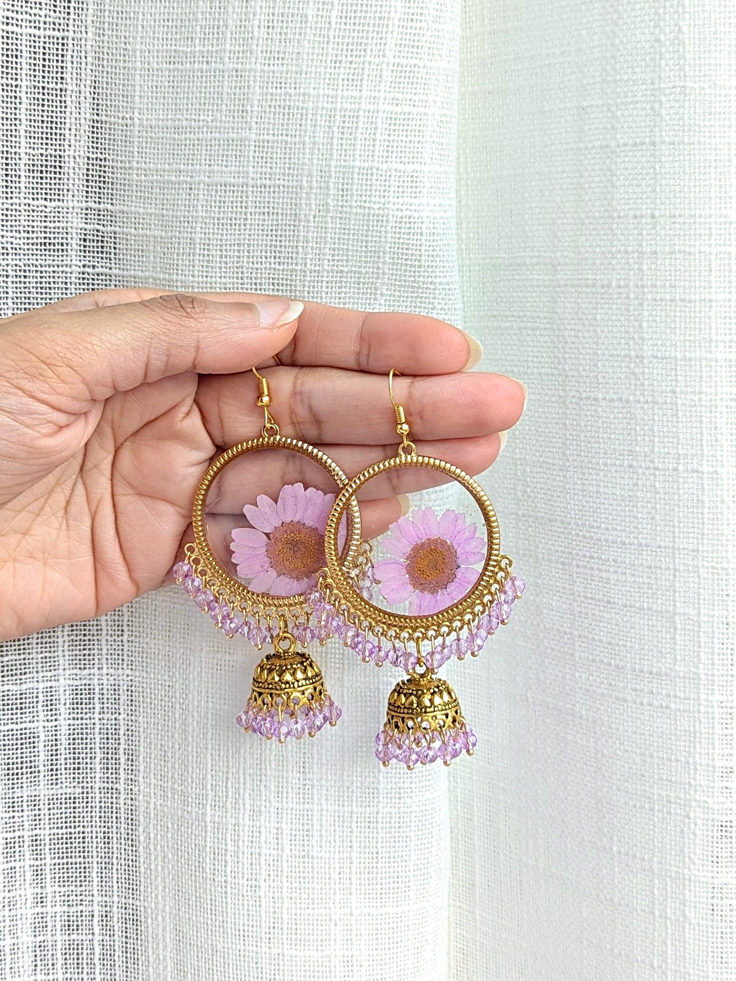 Purple Real Flowers Jhumkay in Gold