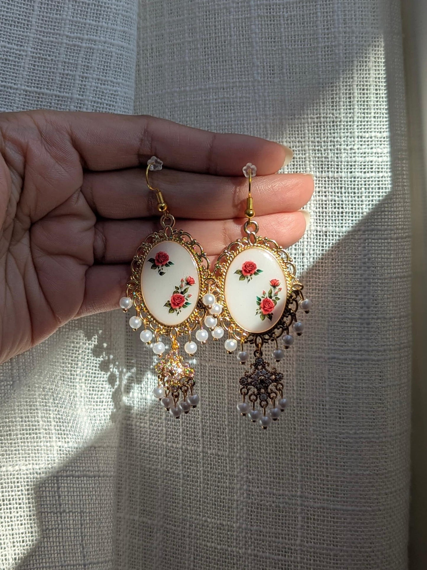Red roses white dainty drop earrings