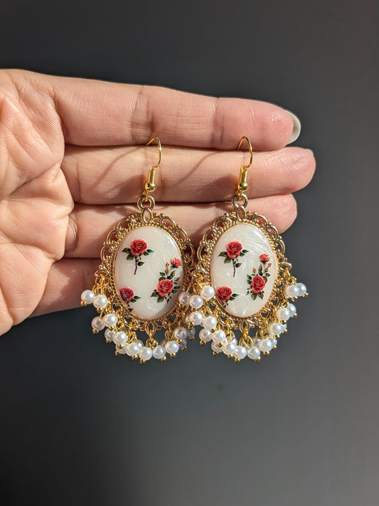 White Pearl Red Roses Earrings
