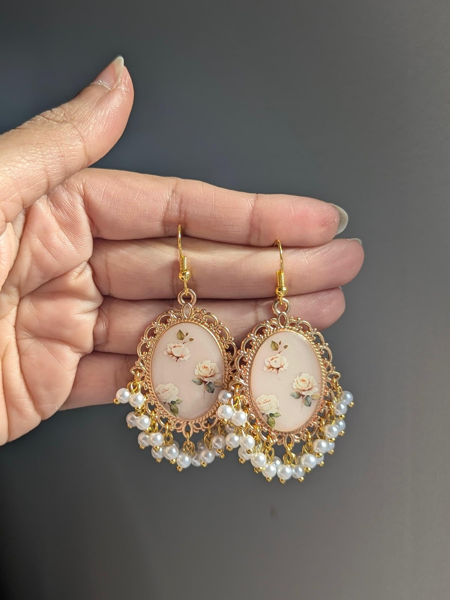 White Pearl Beige Floral Earrings