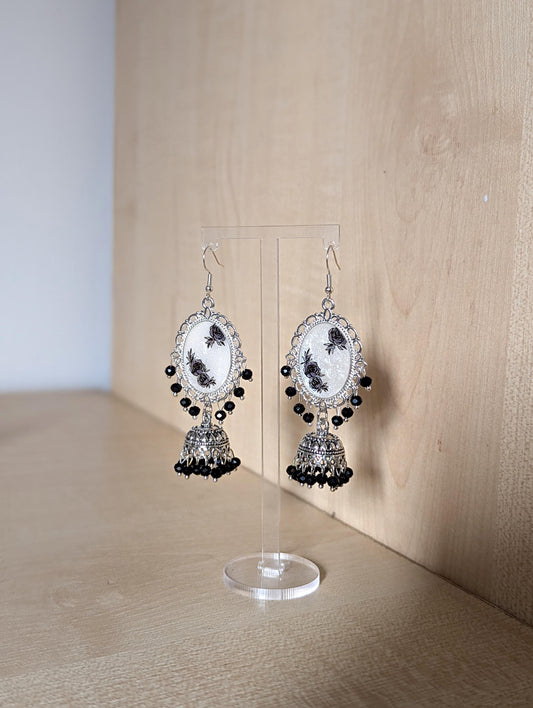 Black and White Silver Jhumka Resin Earrings
