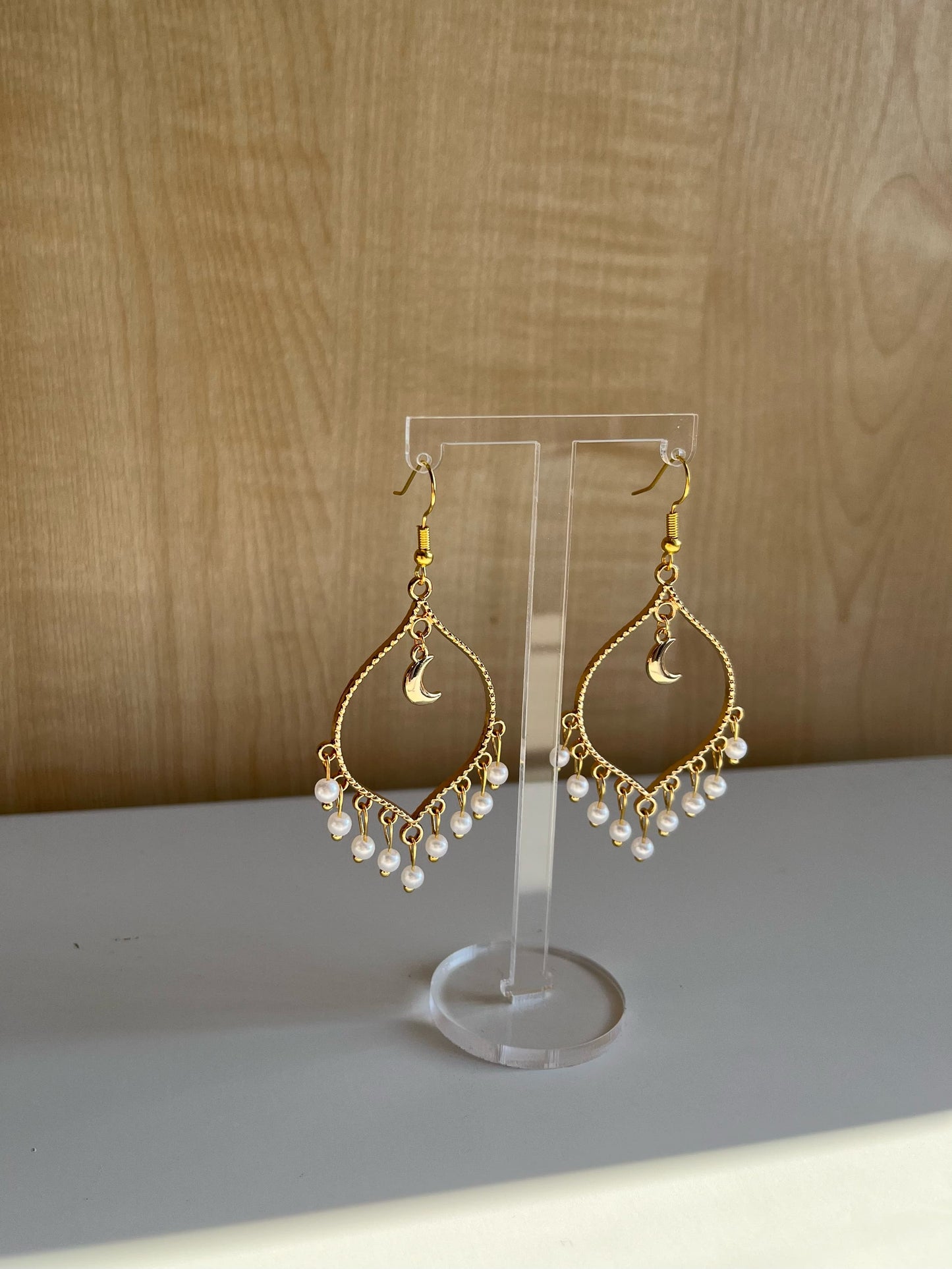 Gold Moonlight Pearl Crystal Earrings