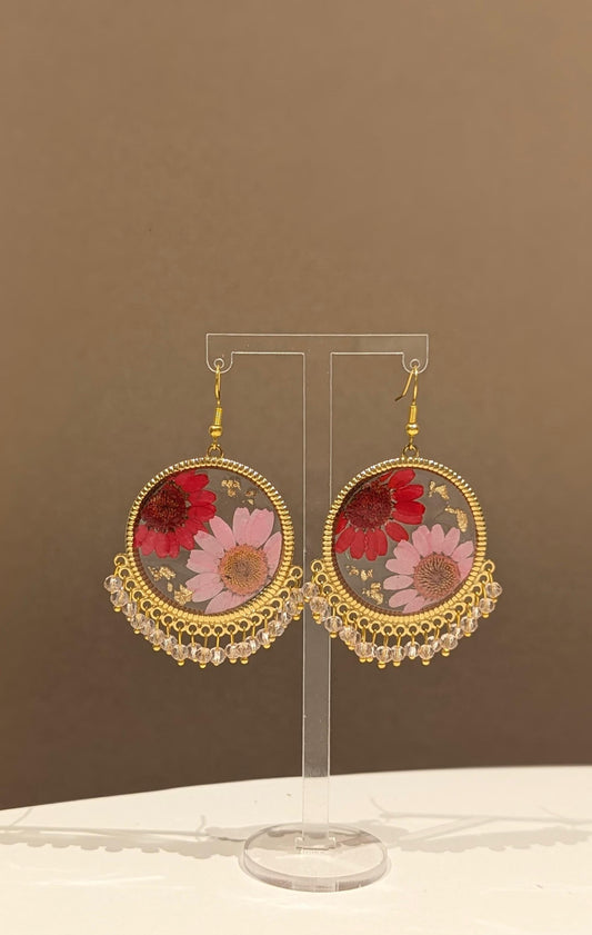 Pink and Red Floral preserved Gold Earrings